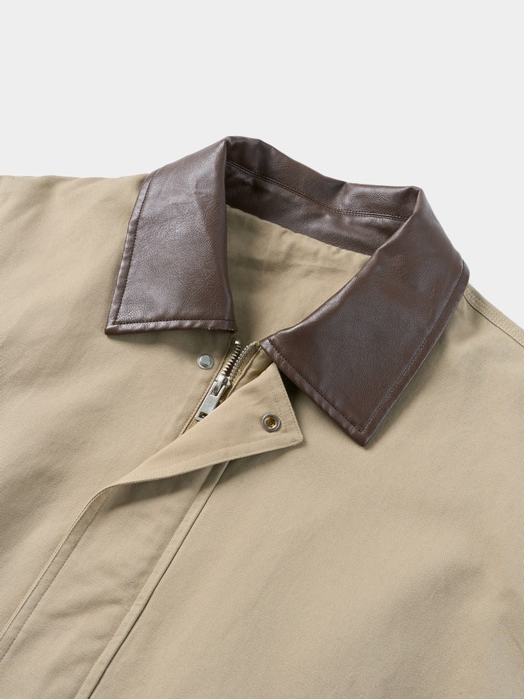 Wharf Jacket in Khaki, leather-look collar detail