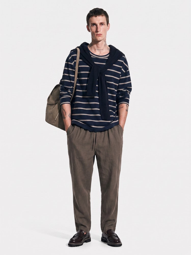 Quay Long Sleeve in Navy, full-length worn with Atlas Loafer Brown
