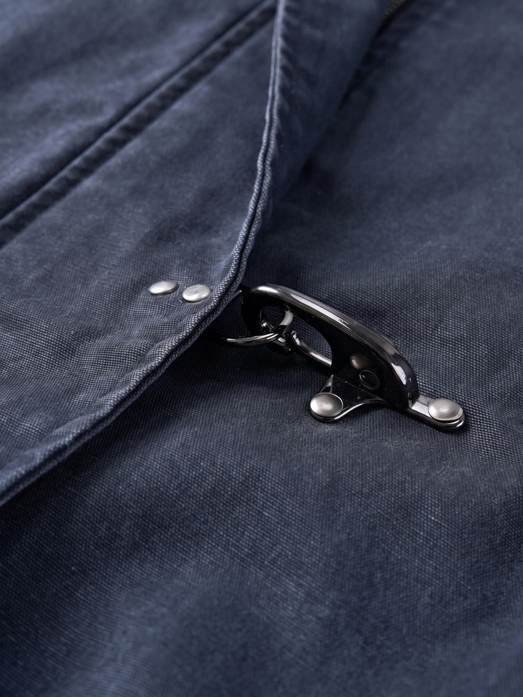 Moor Jacket in Navy, metal hook clasp detail