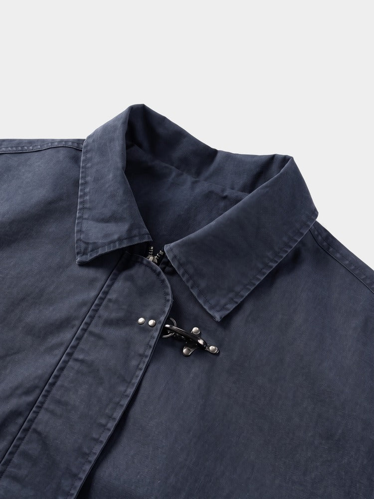 Moor Jacket in Navy, point collar and hook clasp detail