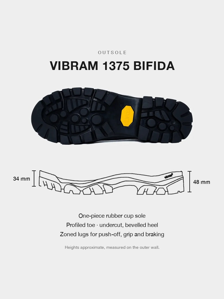 Paper Straight Alpine Hiker Brown — Vibram 1375 Bifida outsole, side section with 34 mm toe and 48 mm heel height