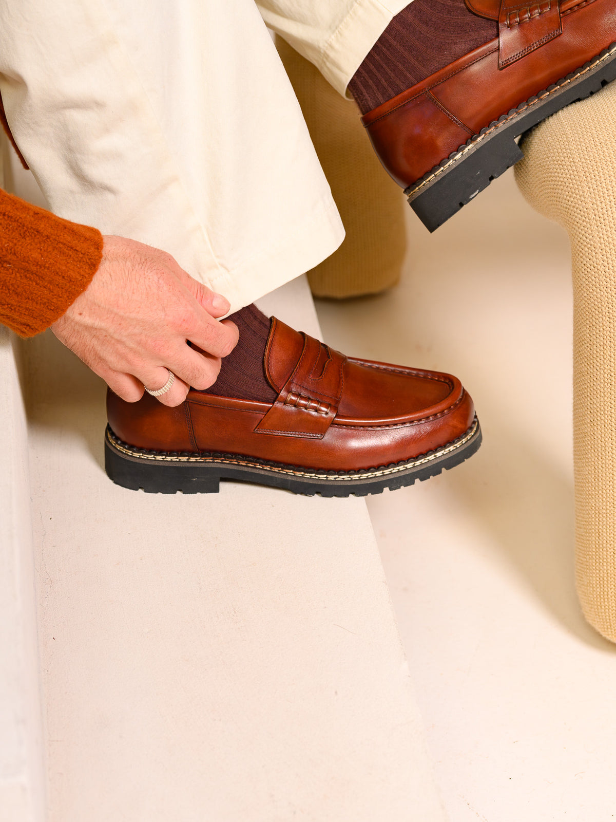 Paper Straight Atlas Loafer Rust — worn with cream trousers, side profile