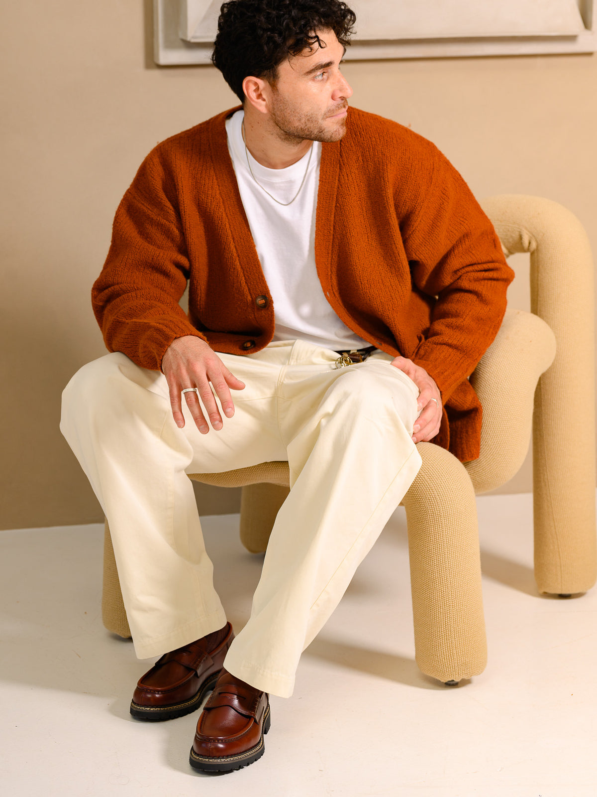 Paper Straight Atlas Loafer Rust — styled with a rust cardigan and cream trousers