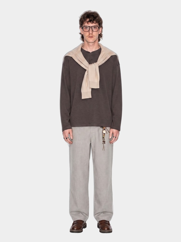 Paper Straight Bracken Henley chocolate — worn on model