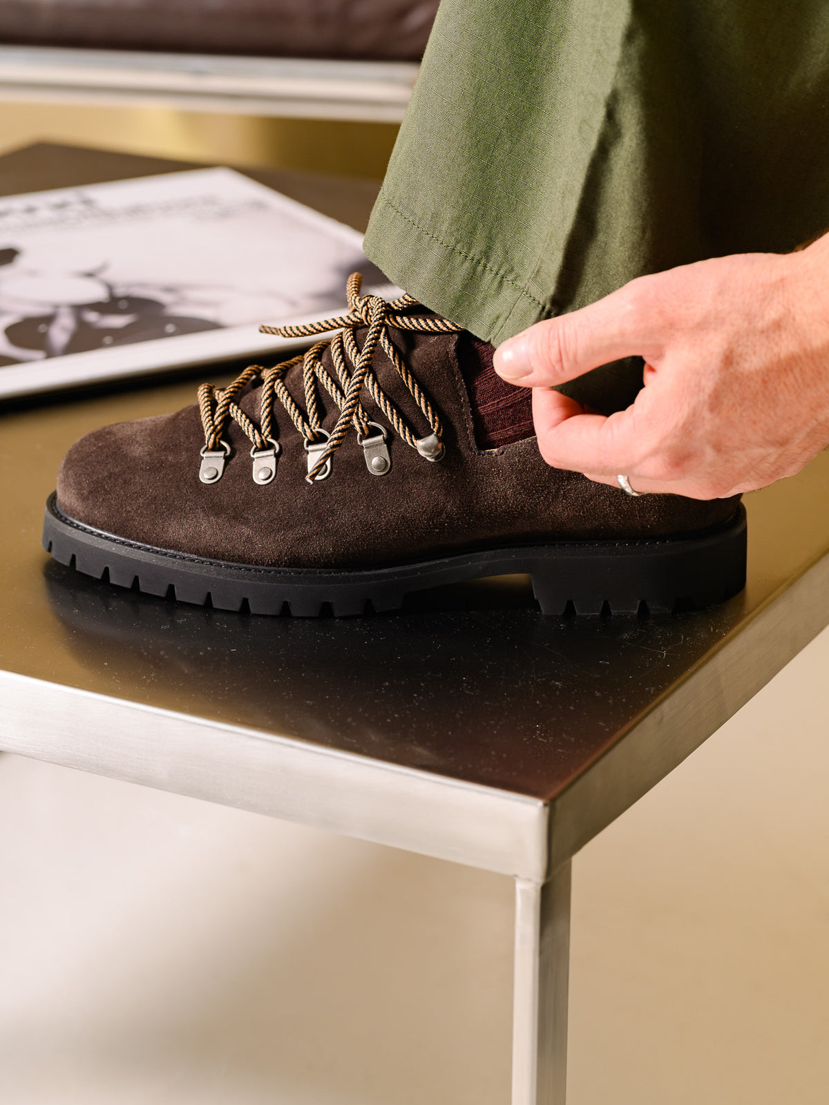 Paper Straight Heritage Derby Brown Suede — worn with green trousers, side profile