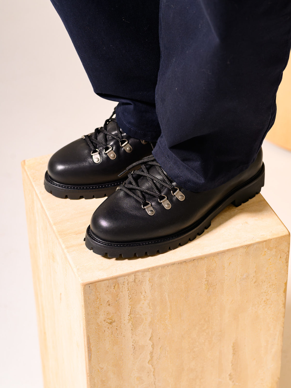 Paper Straight Heritage Derby Leather Black — pair worn, seen from above