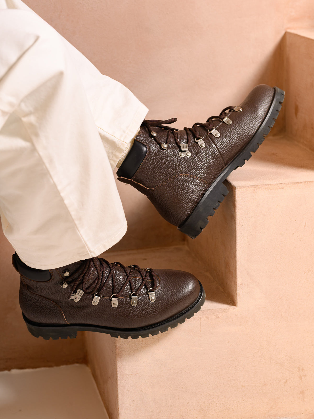 Paper Straight Ridgeworks High Brown Grain — pair worn with cream trousers, side view