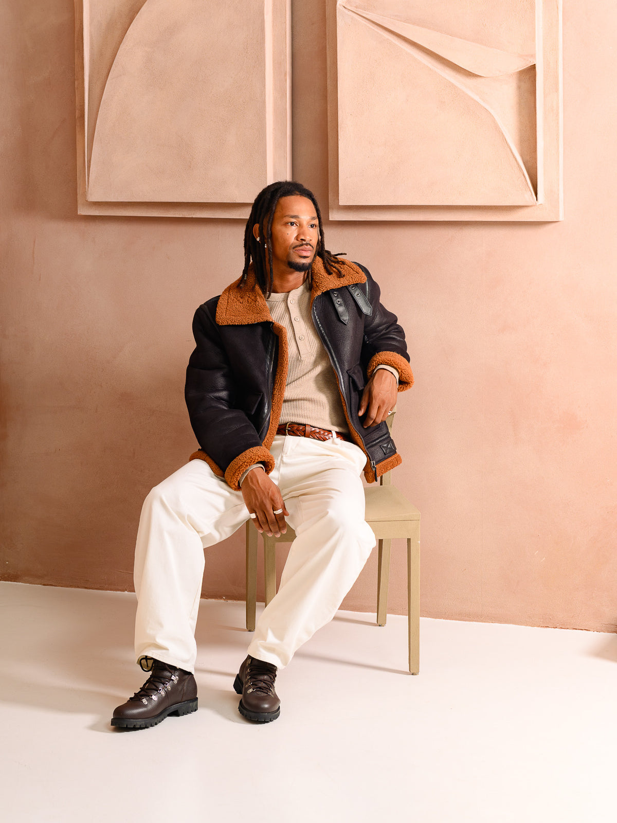Paper Straight Ridgeworks High Brown Grain — styled with a shearling jacket and cream trousers