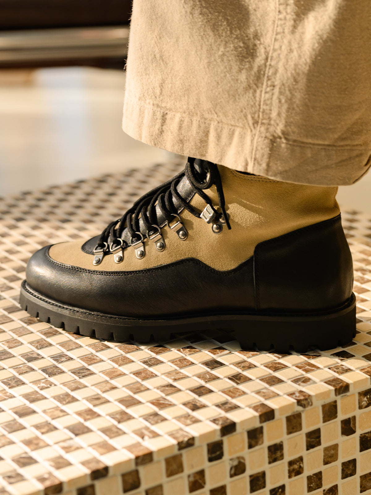 Paper Straight Ridgeworks High Khaki Suede — worn with beige trousers, side profile