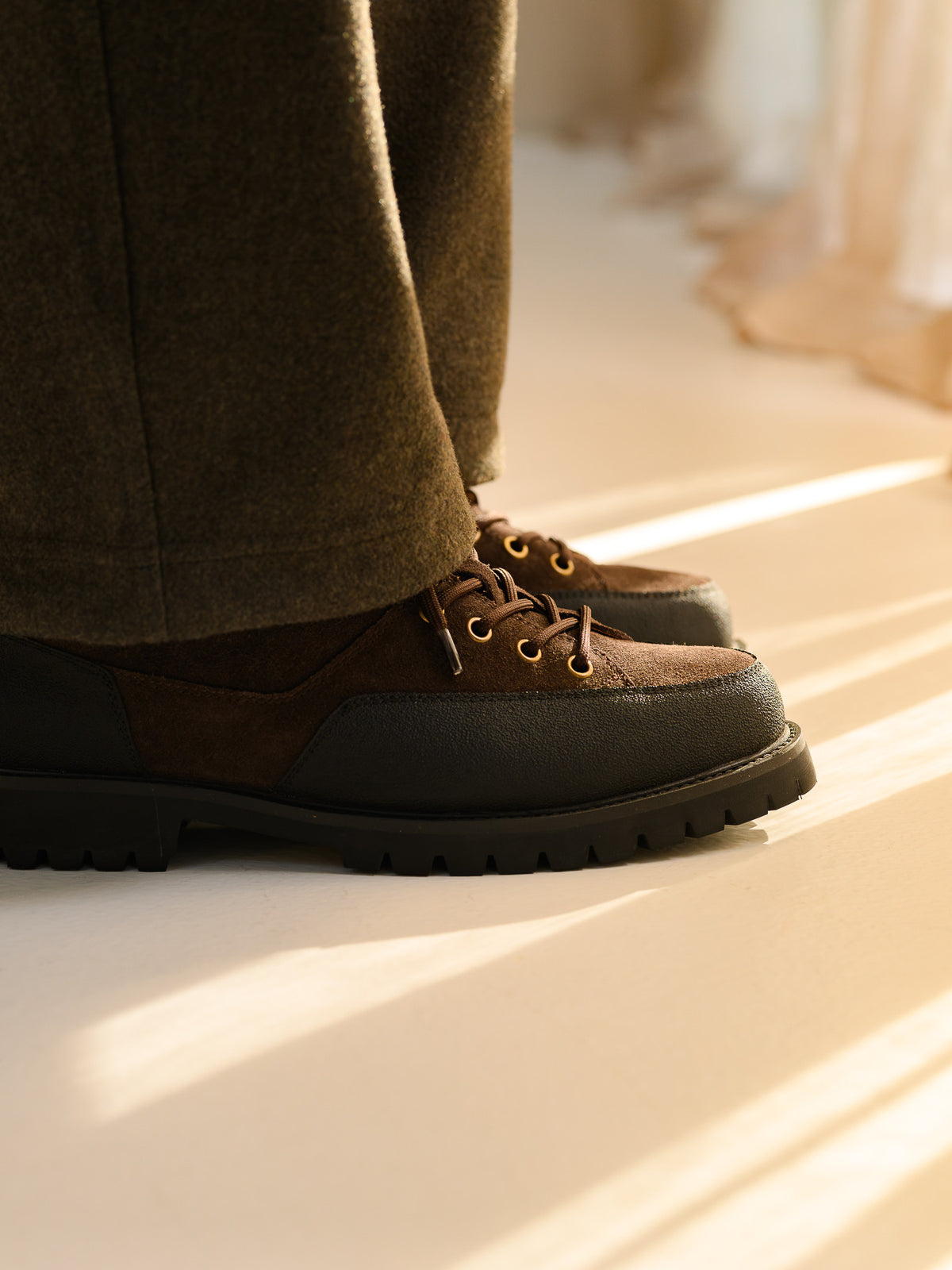Paper Straight Ridgeworks Low Coffee — close-up of suede, welt and eyelets