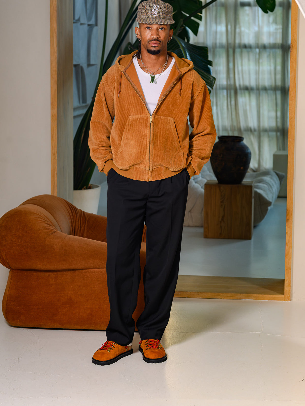 Paper Straight Summit Mule Rust — styled with a rust suede jacket and black trousers