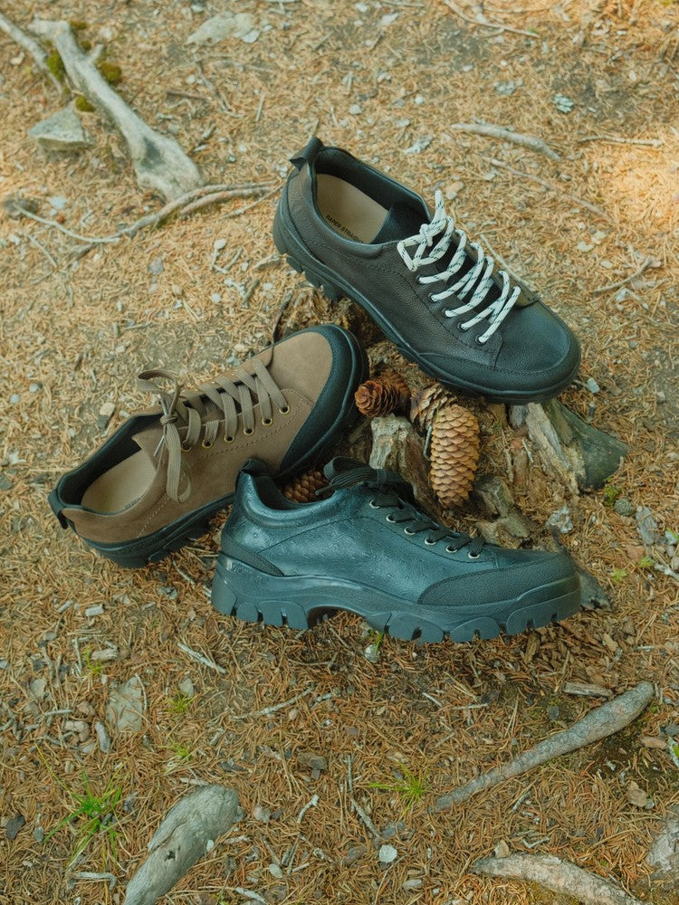 Paper Straight Alpine Hiker Black Ostrich — on the forest floor with the Brown and Black, Swiss Alps