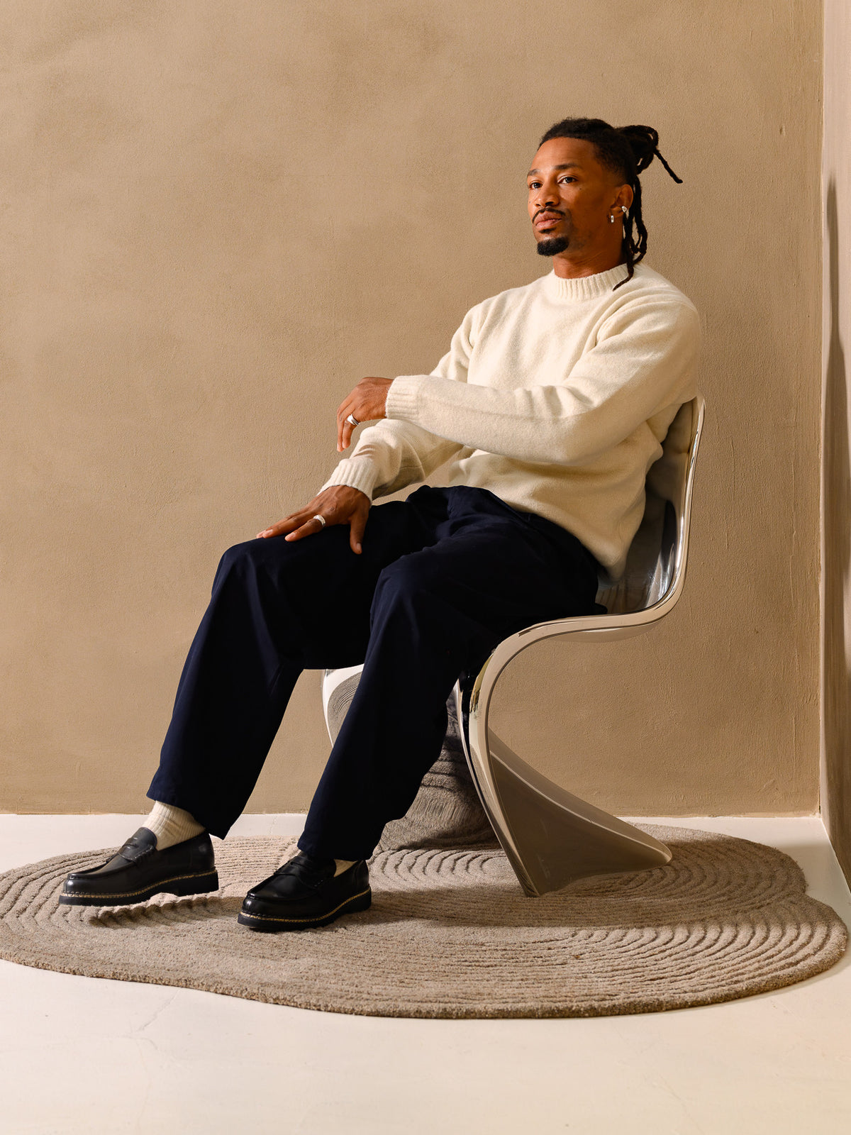 Paper Straight Atlas Loafer Black — styled with a cream knit and navy trousers
