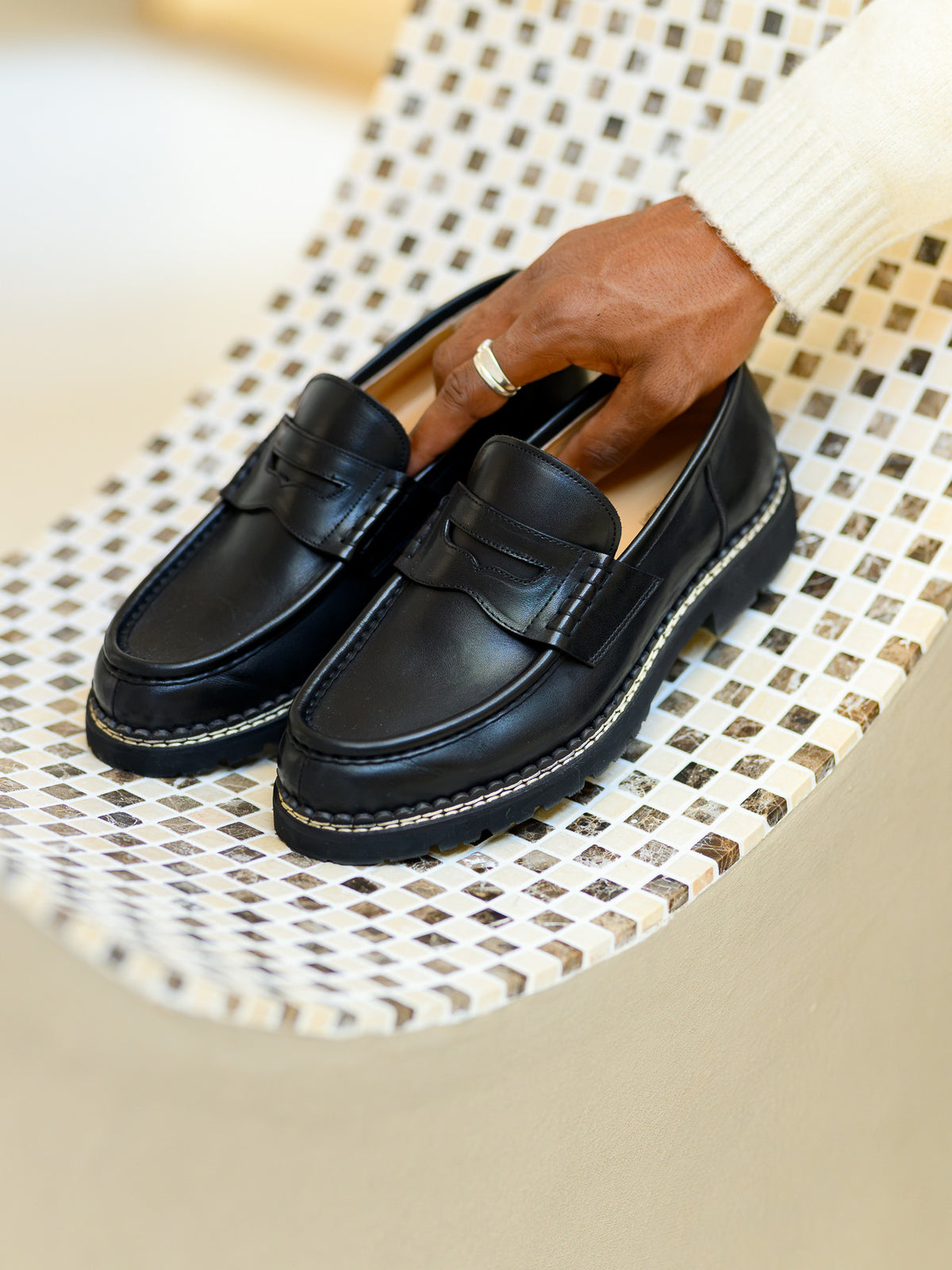 Paper Straight Atlas Loafer Black — pair on a mosaic table