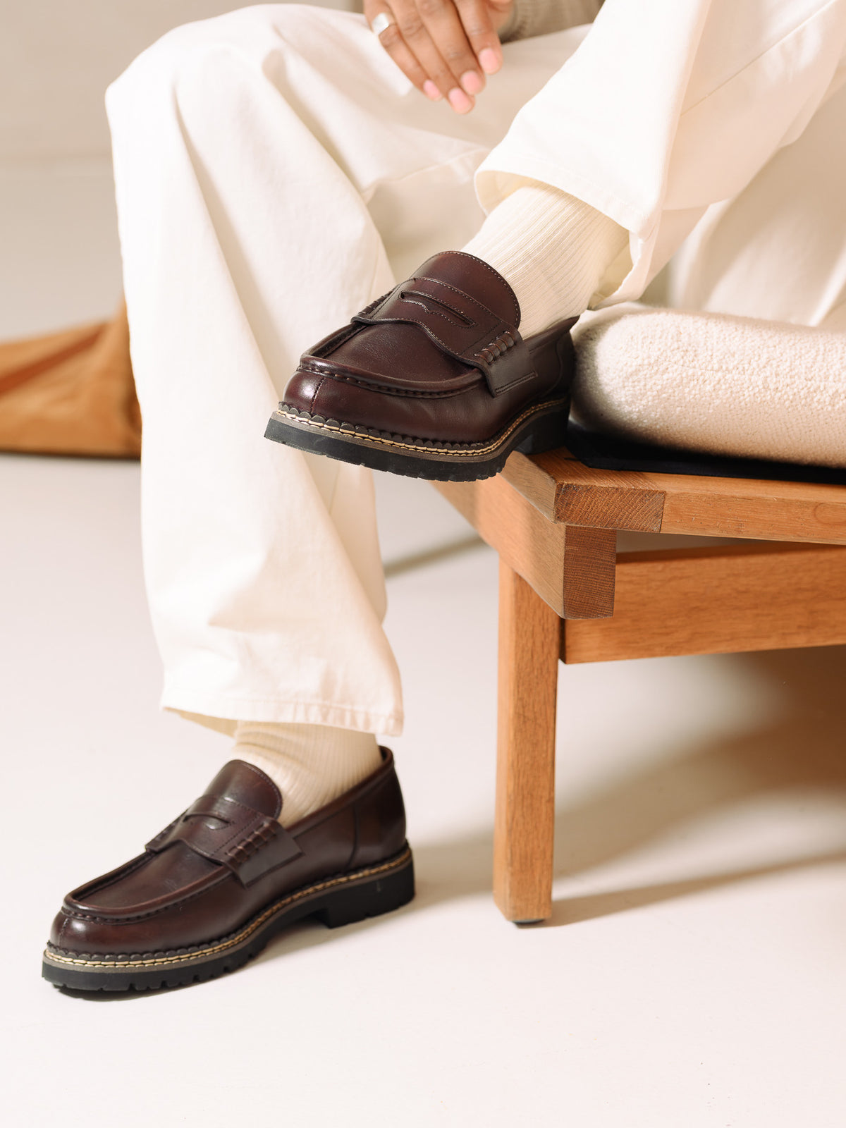 Paper Straight Atlas Loafer Brown — pair worn with cream trousers