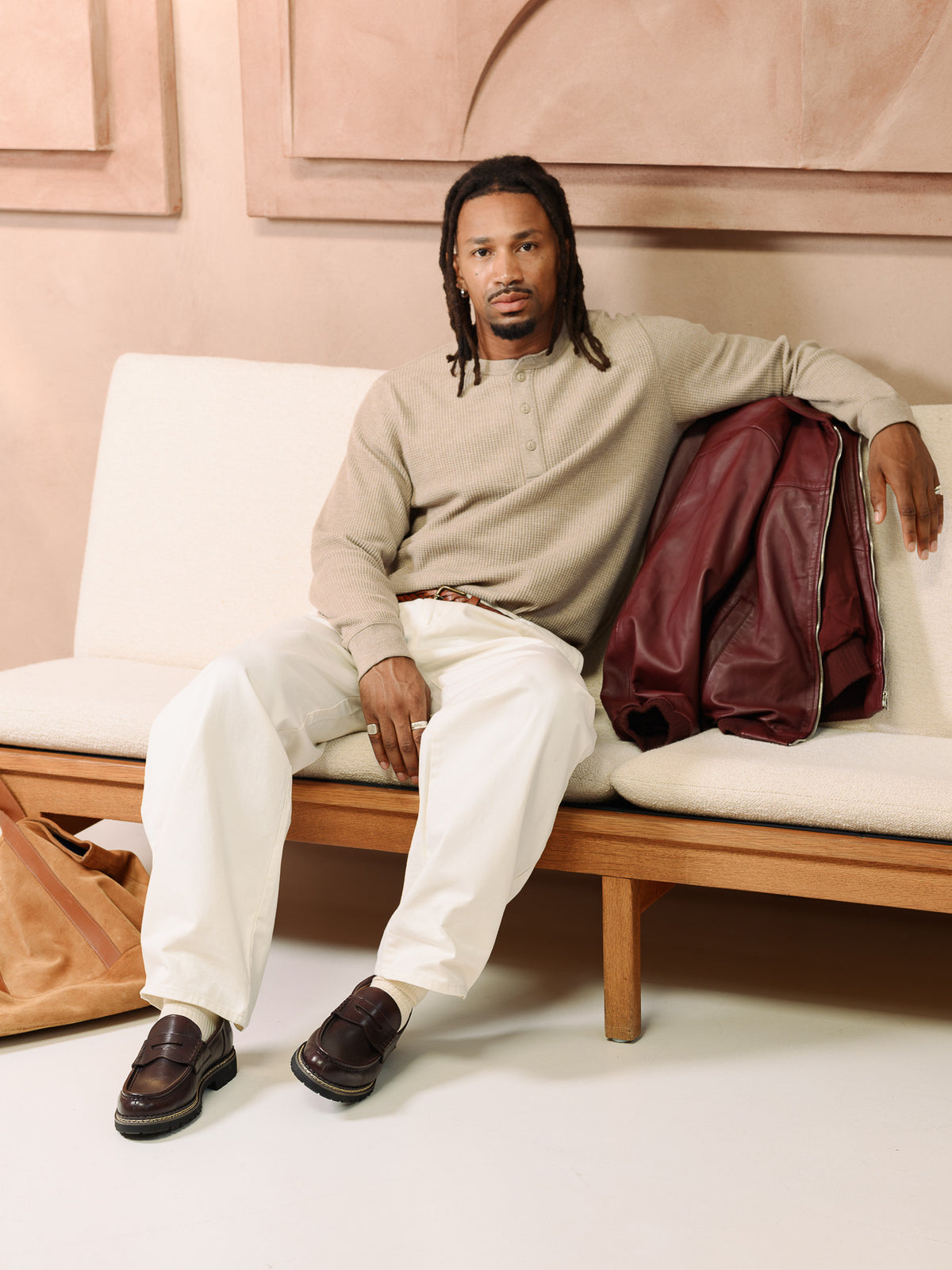 Paper Straight Atlas Loafer Brown — styled with a beige knit and cream trousers