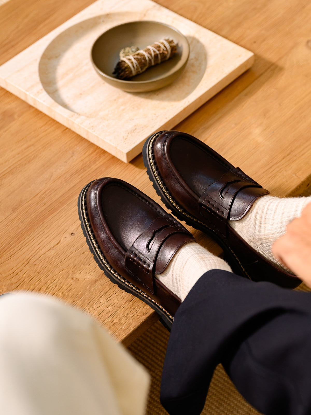 Paper Straight Atlas Loafer Brown — pair worn, seen from above