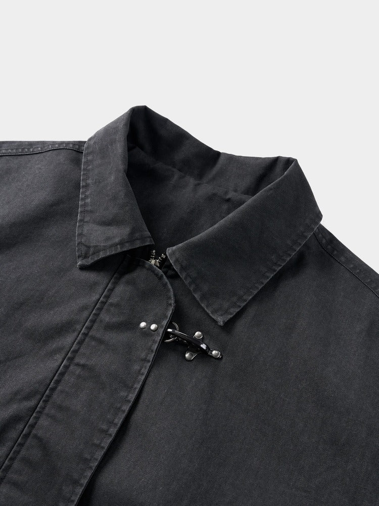 Moor Jacket in Black, point collar and hook clasp detail