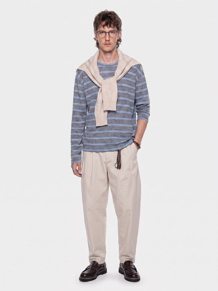 Quay Long Sleeve in Grey Blue, full-length worn with Atlas Loafer Brown