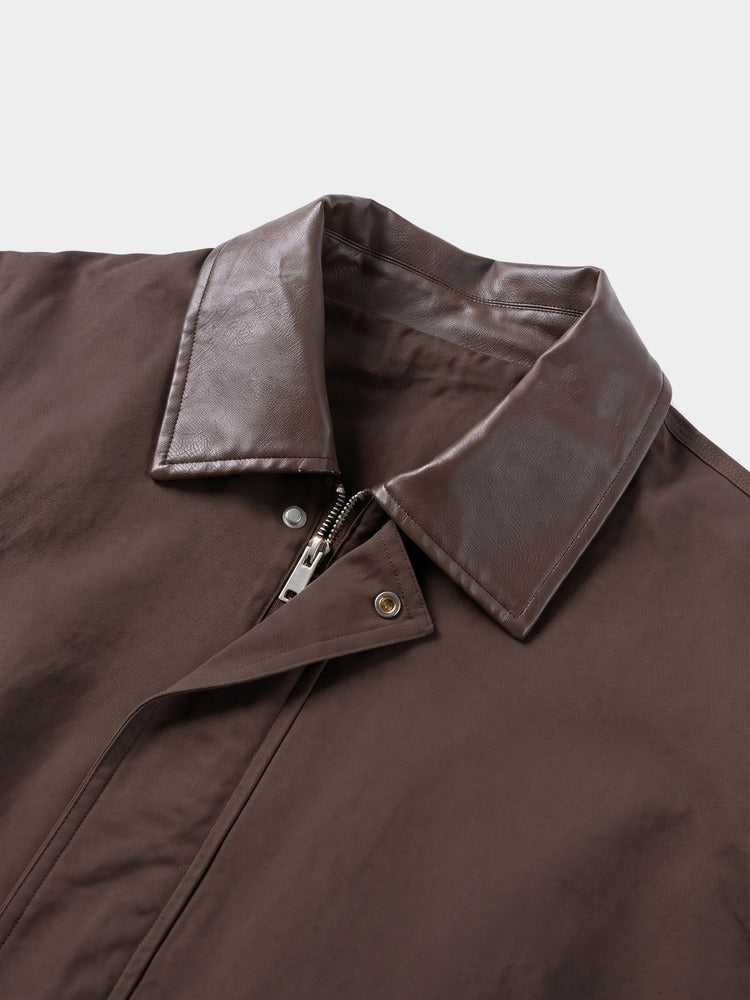 Wharf Jacket in Chocolate, leather-look collar detail