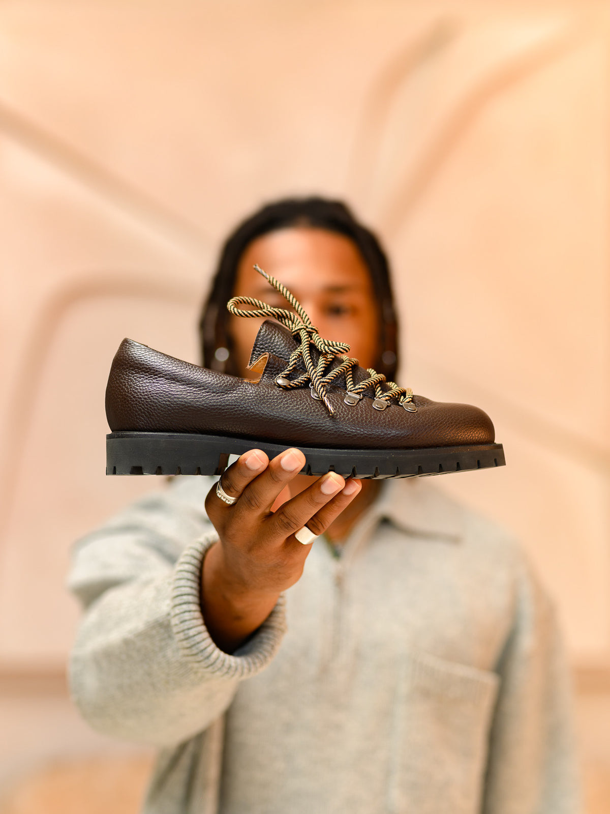 Paper Straight Heritage Derby Brown Grain — side profile held up to the camera