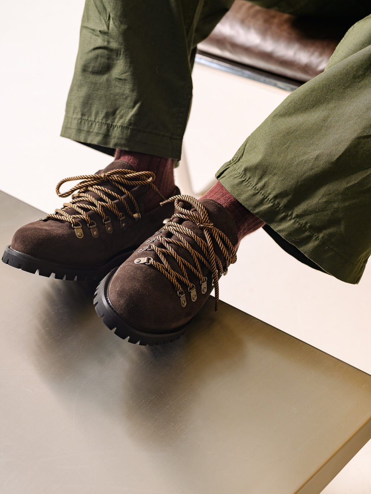 Paper Straight Heritage Derby Brown Suede — pair worn, seen from the front