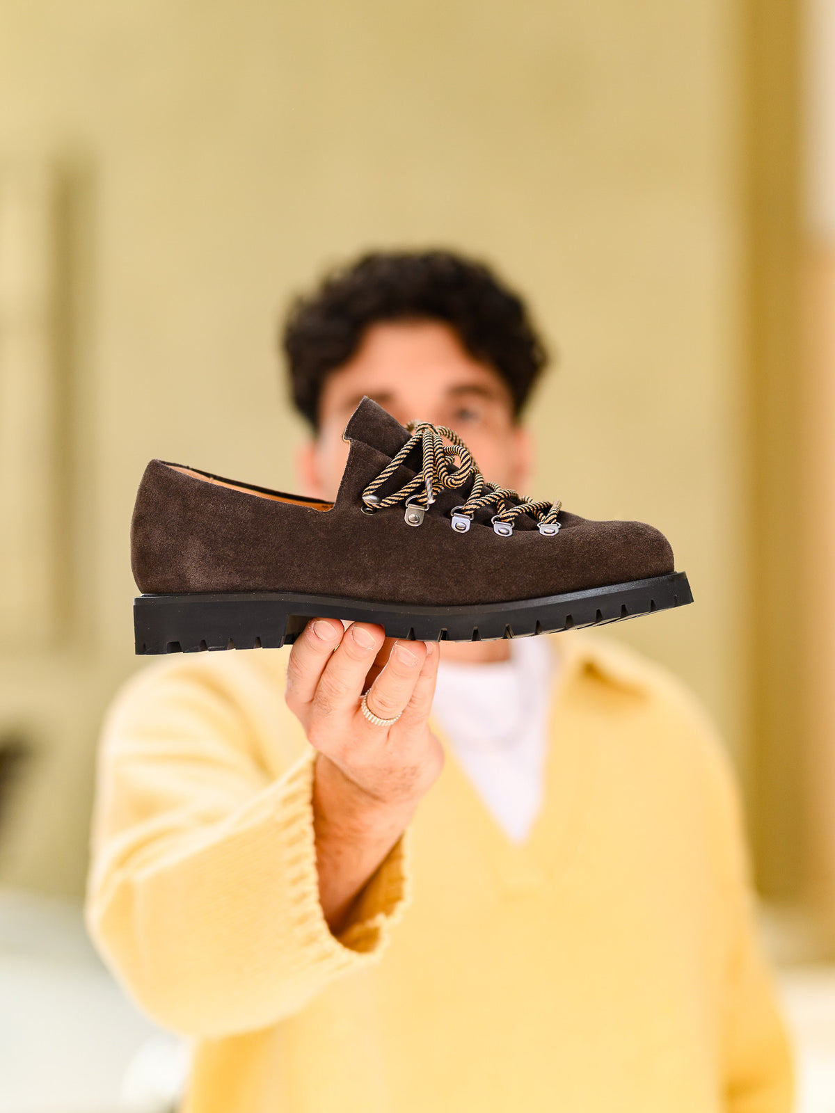 Paper Straight Heritage Derby Brown Suede — side profile held up to the camera