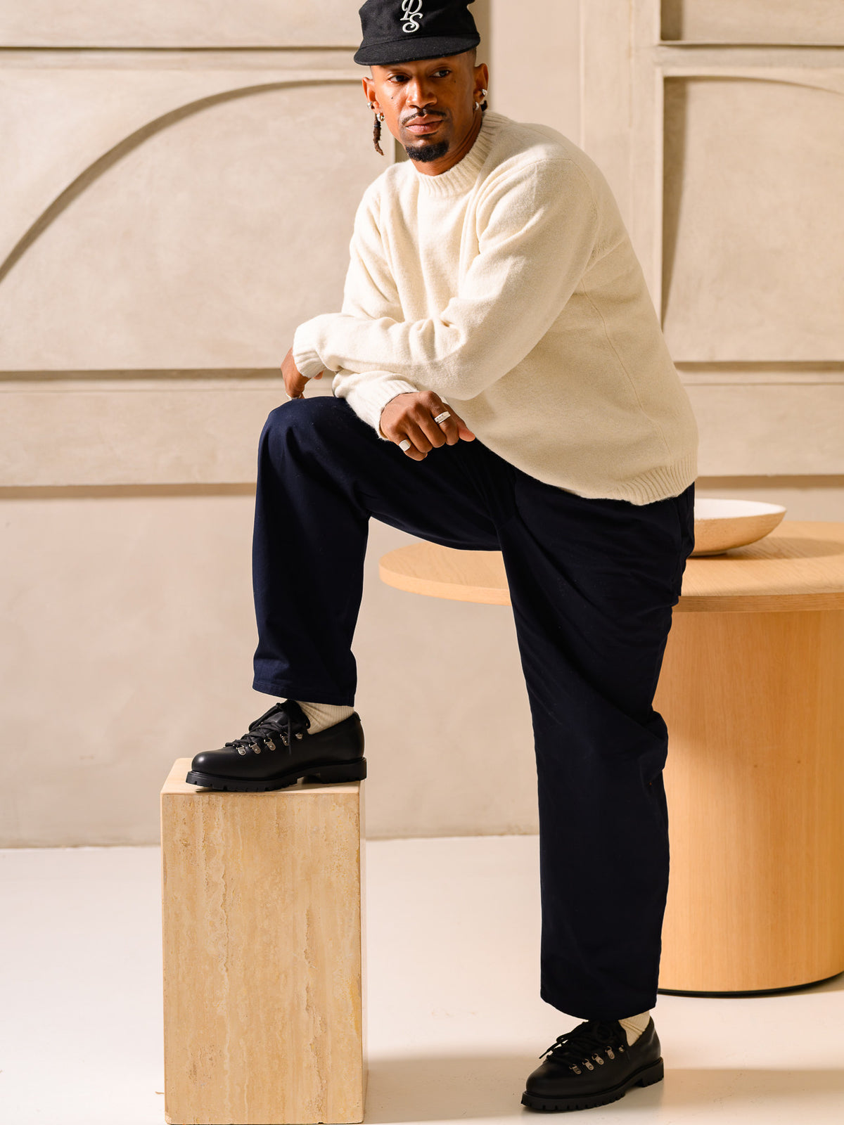 Paper Straight Heritage Derby Leather Black — styled with a cream knit and navy trousers