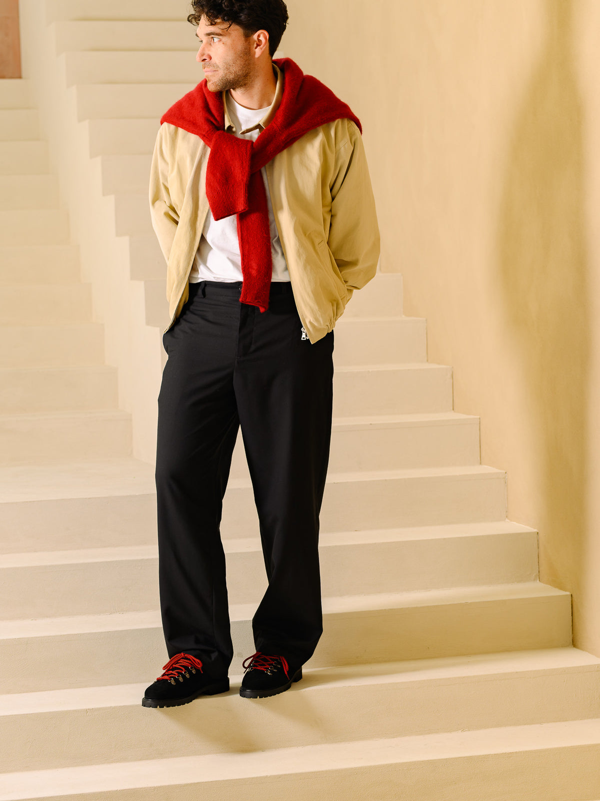 Paper Straight Heritage Derby Black Suede — styled with a beige jacket and red knit