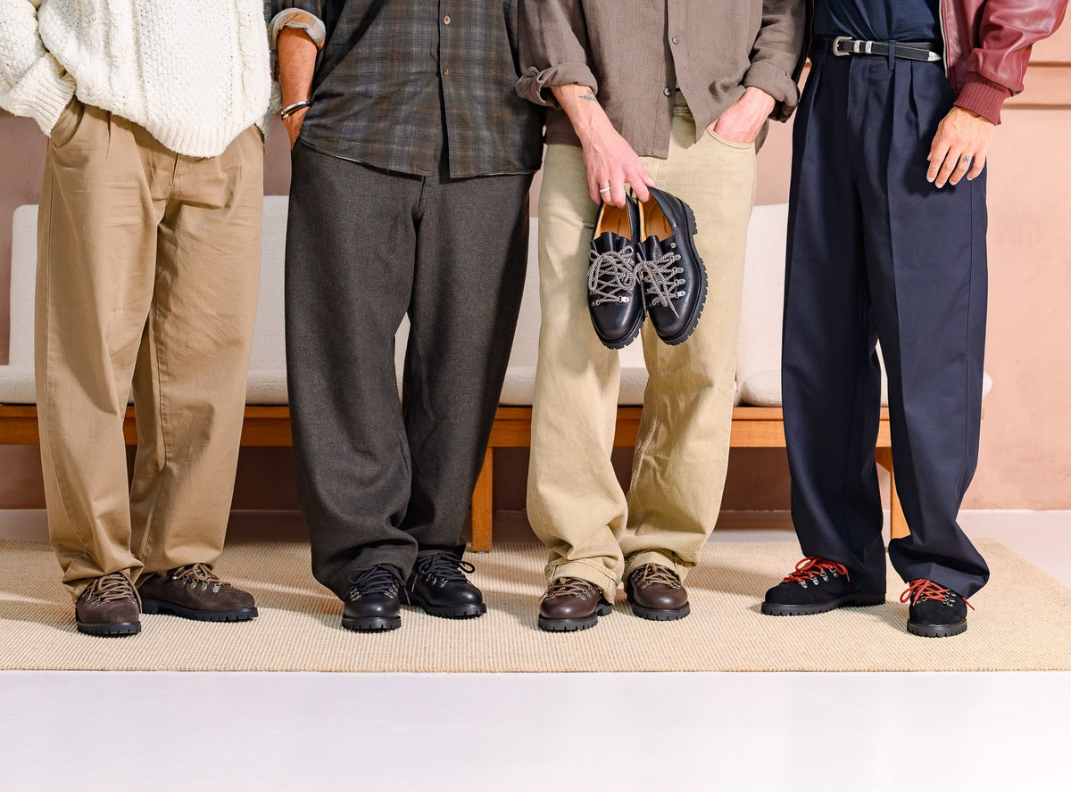The five Paper Straight Heritage Derby models, four worn side by side and one pair held in hand