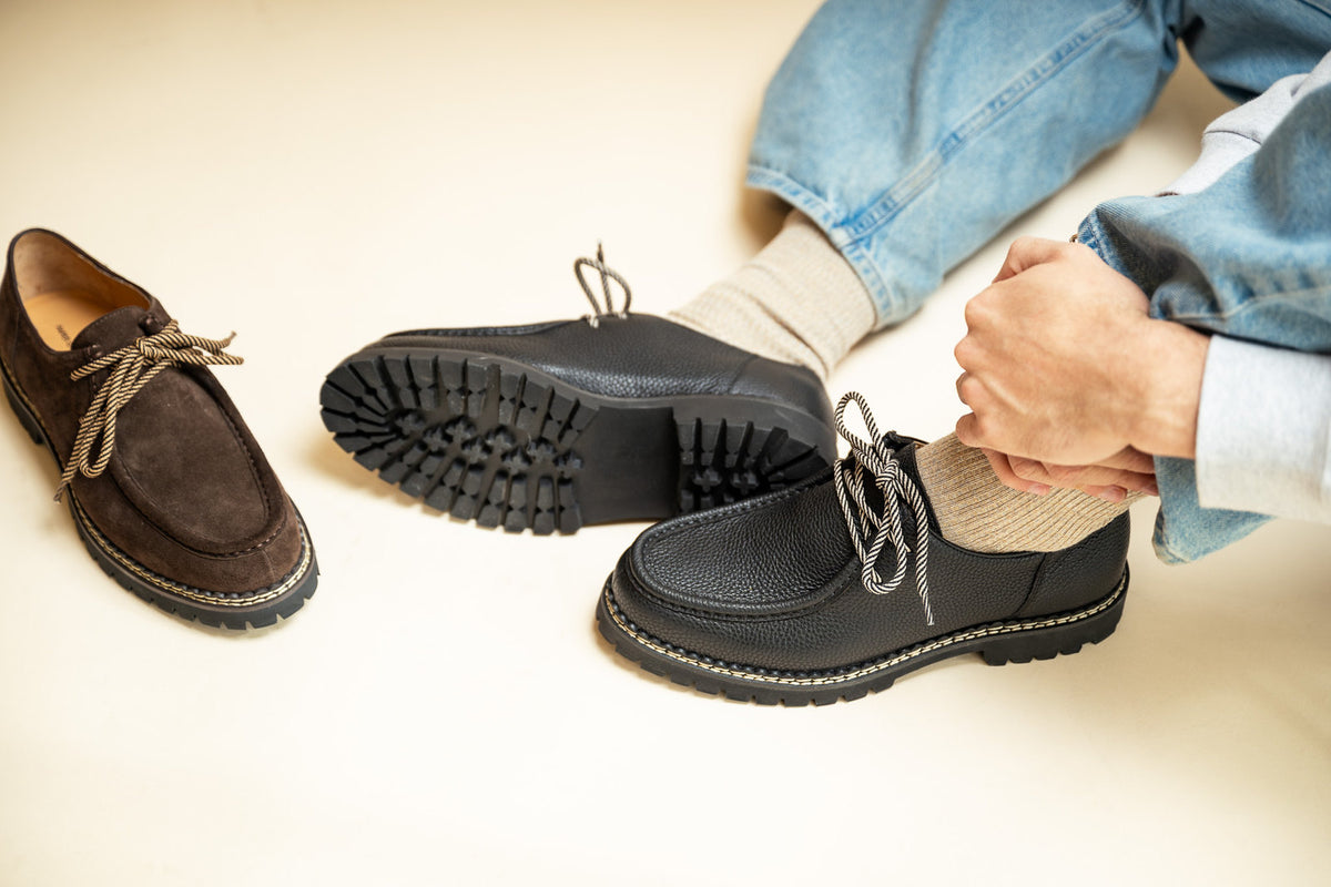 Putting on a Paper Straight Slate Derby in black grain leather