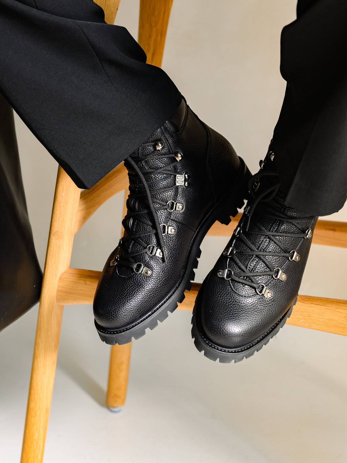 Paper Straight Ridgeworks High Black Grain — pair worn, seen from above