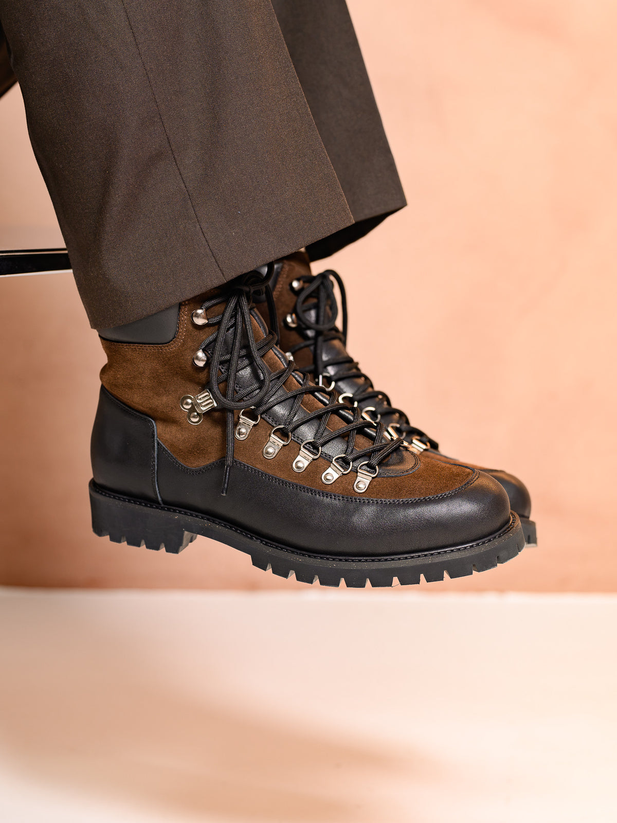 Paper Straight Ridgeworks High Brown Suede — worn with brown trousers, side profile