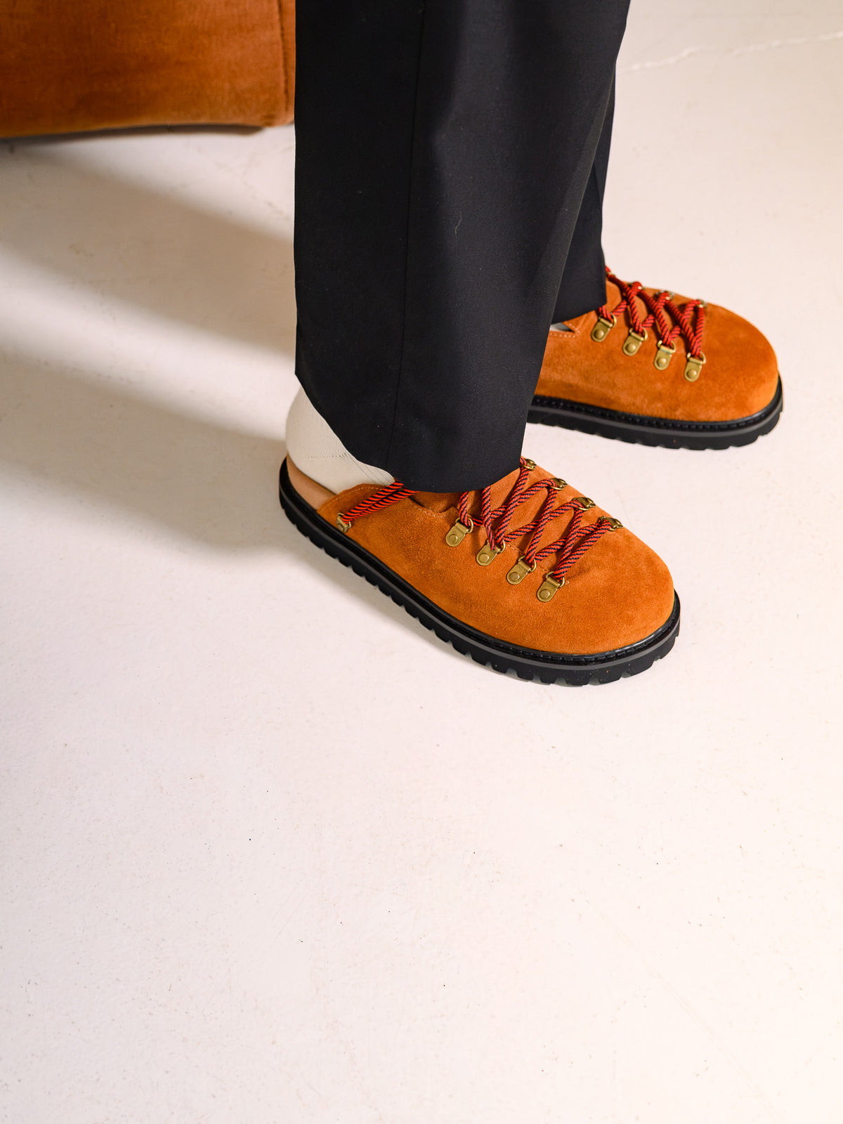 Paper Straight Summit Mule Rust — pair worn, three-quarter view